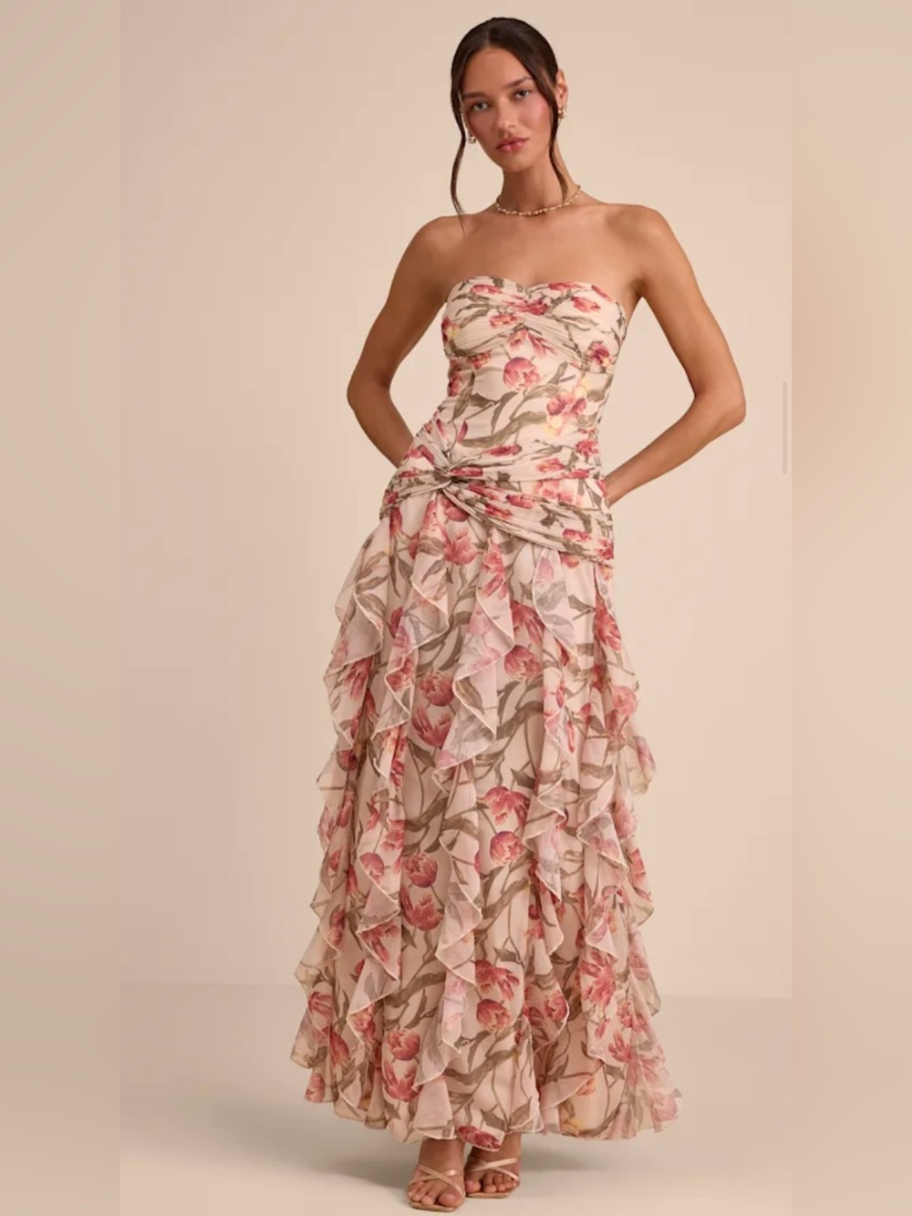 Lulus Danna Cream Multi Floral Ruffled Maxi Dress Size M 🌸
